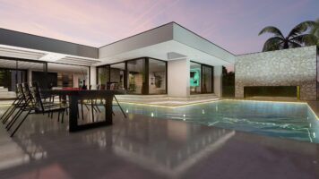 Außenwand des Swimmingpools einer modernen kubistischen Villa, Design von Paul Ramakers