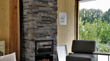 Wohnzimmer mit anthrazitfarbenem Kamin – Kamin mit Holz